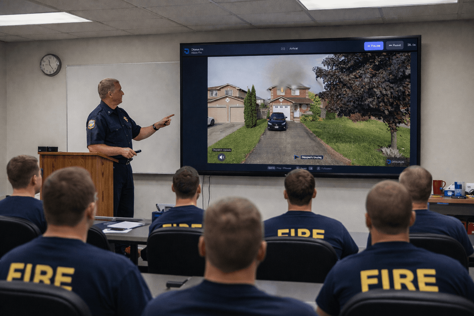 Emergency response team conducting scenario walkthrough training with Draxus simulation software