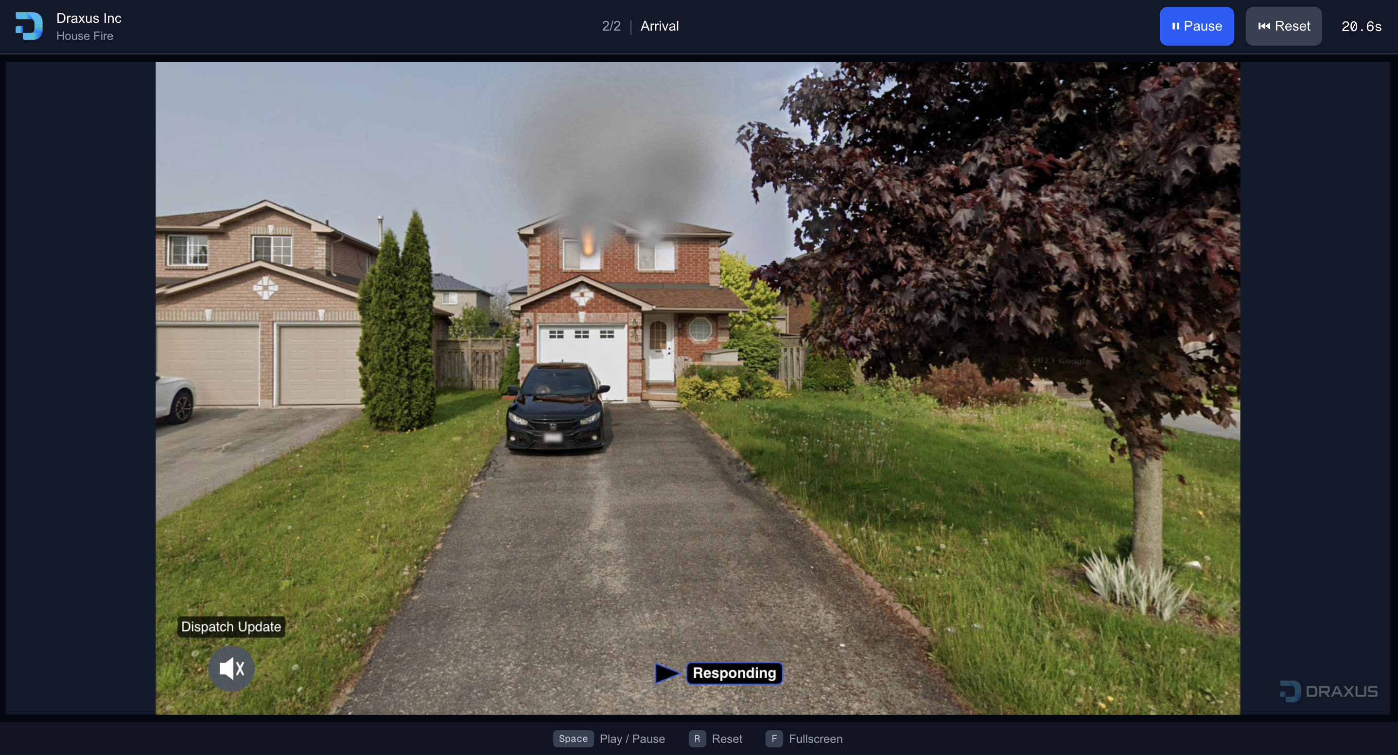 Draxus fire simulation viewer showing a residential training scenario